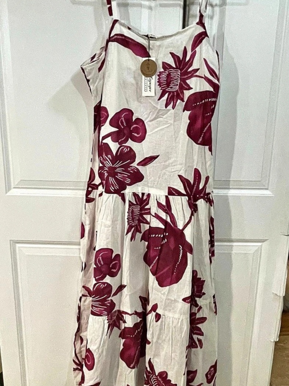 Lapogee Floral Linen Maxi Dress in White & Red Size Large NWT
